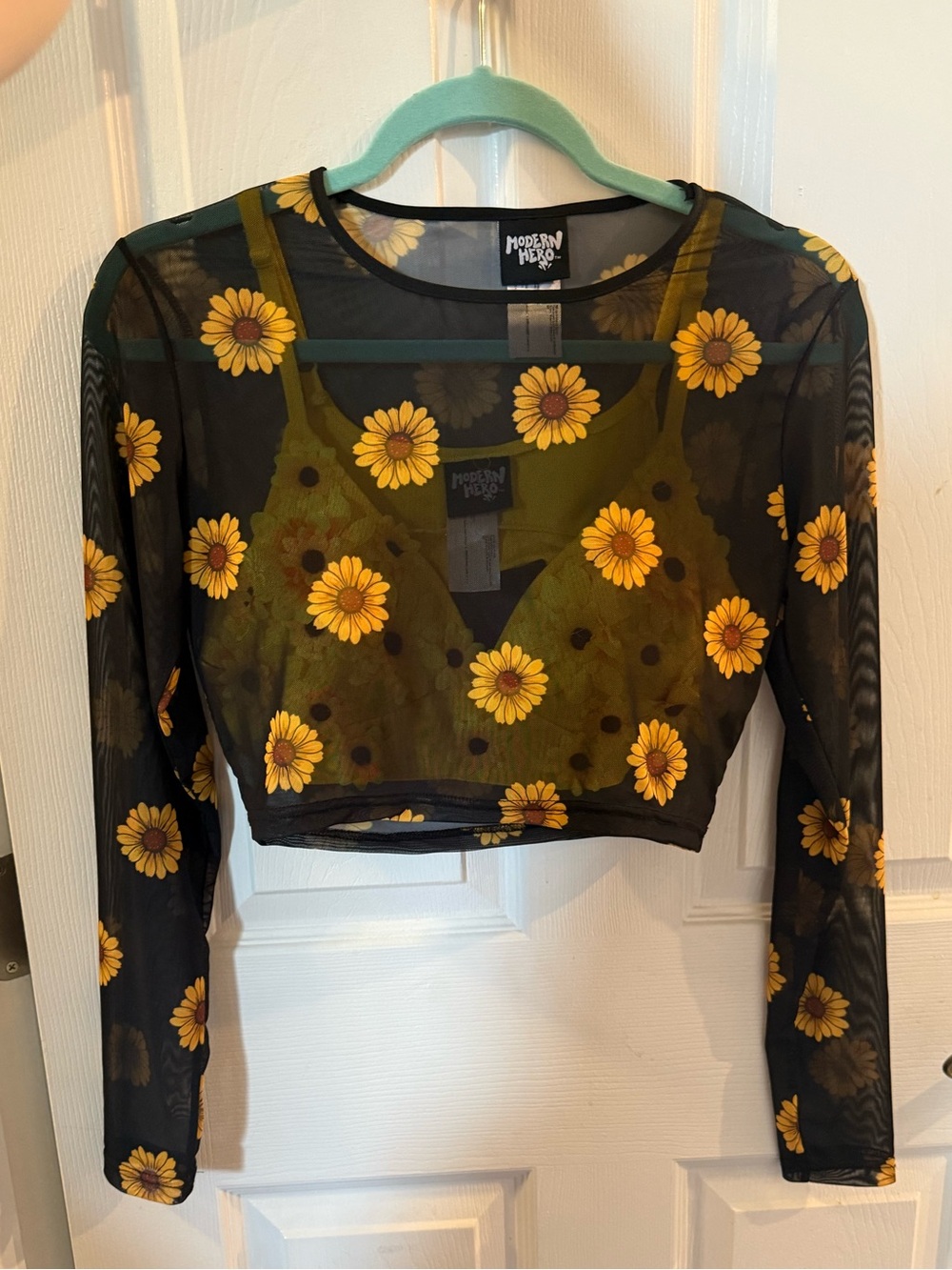 Black Sheer Sunflower Crop Top SMALL Two Peices